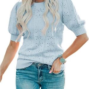 Women’s Puff Sleeve Crew Neck Short Sleeve Baby Blue Sweater | Size M